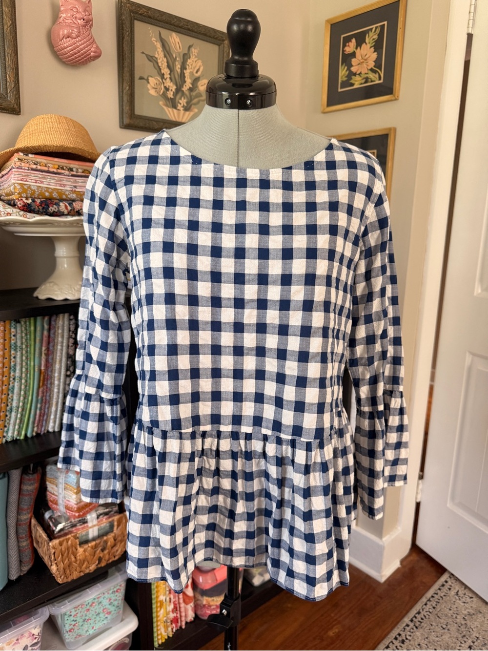Le Sarte Pettegole Navy Blue Gingham 100% Cotton Peplum Blouse - Made in Italy